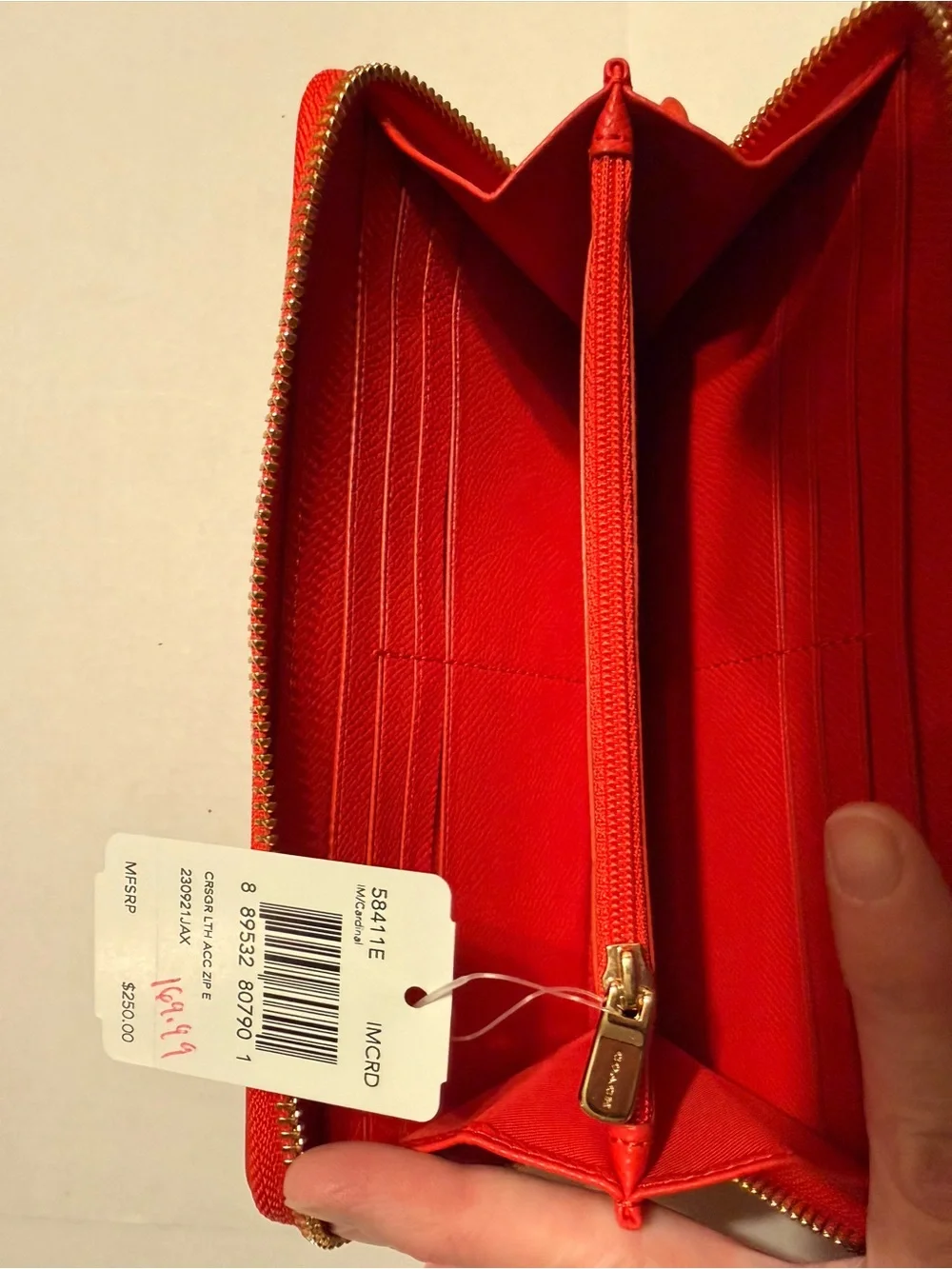Coach Red Pebbled Leather Zip Wallet with Logo